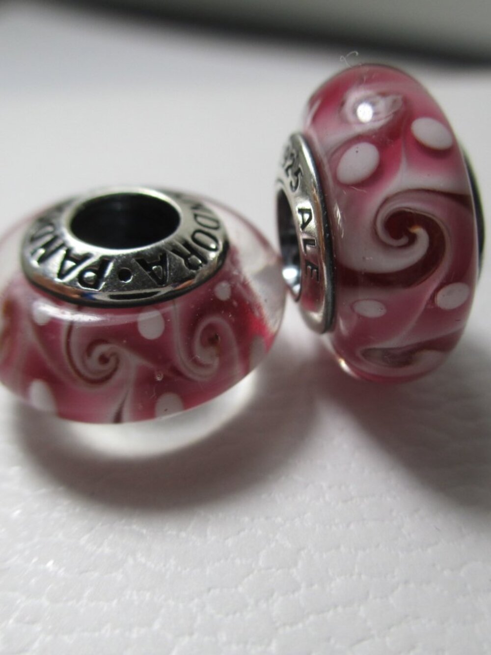 Set of 2 Pandora Murano Glass Charms Bead Pink Red Wave Swirly Art Design